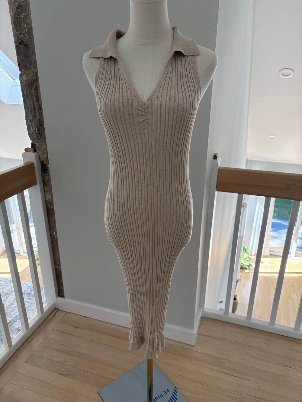 Pink Rose Ribbed Sleeveless Collared Midi Dress - Beige